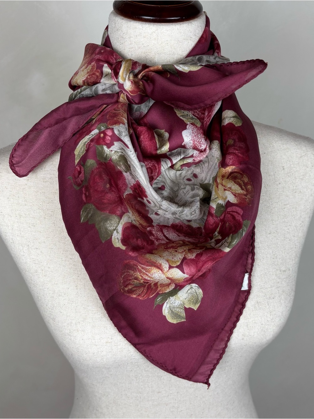 Domanni for Gantos Made in Italy Burgundy Rose Print Scarf Cottagecore Coquette